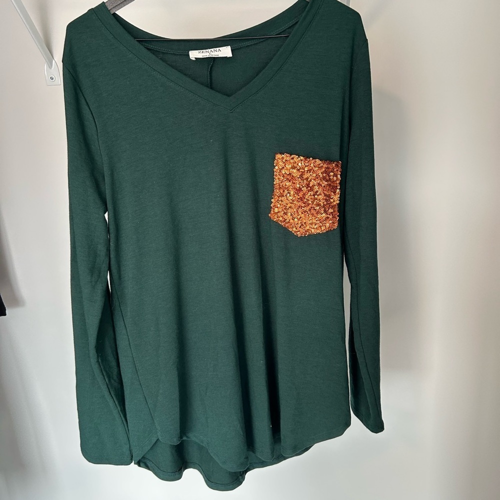 Zenana Forest Green V-Neck with Gold Sequin Pocket